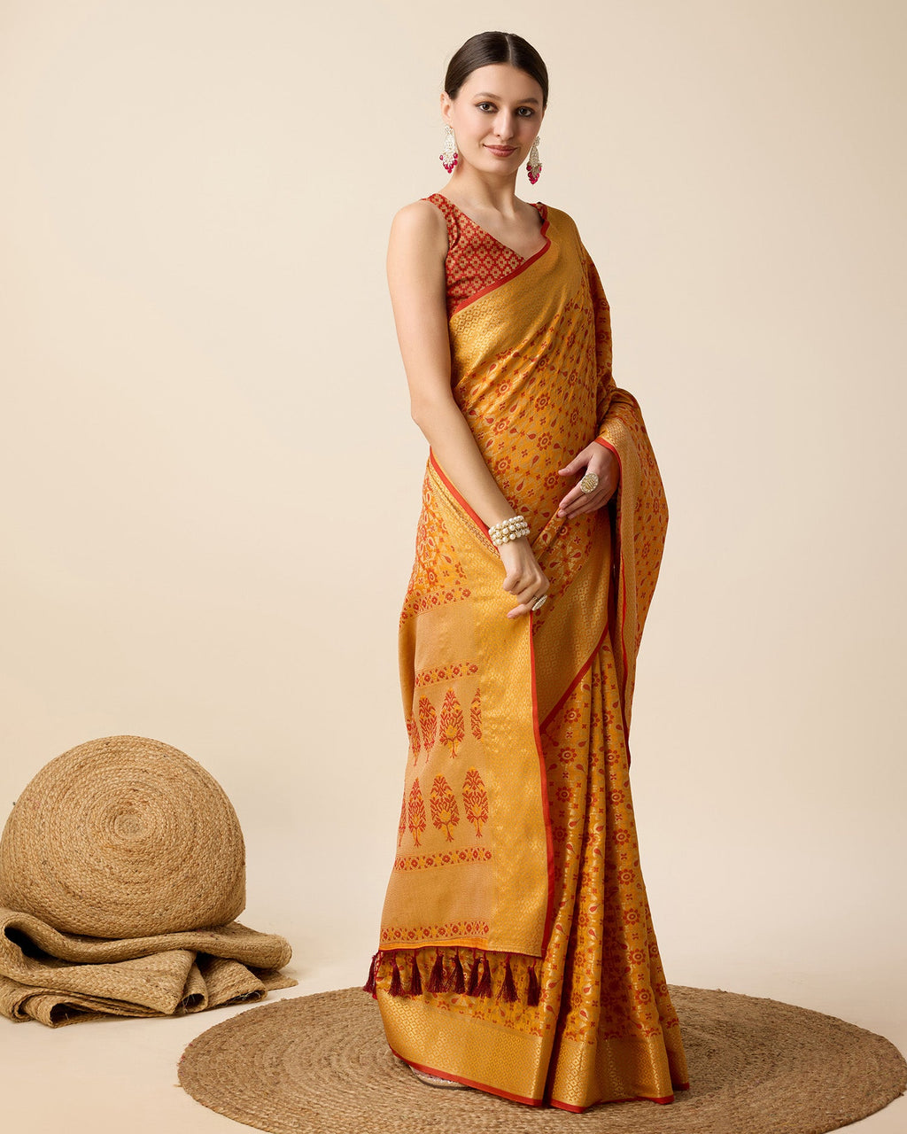 Vedant Vastram Soft Litchi Silk Kanjeevaram Silk Saree - Mustard