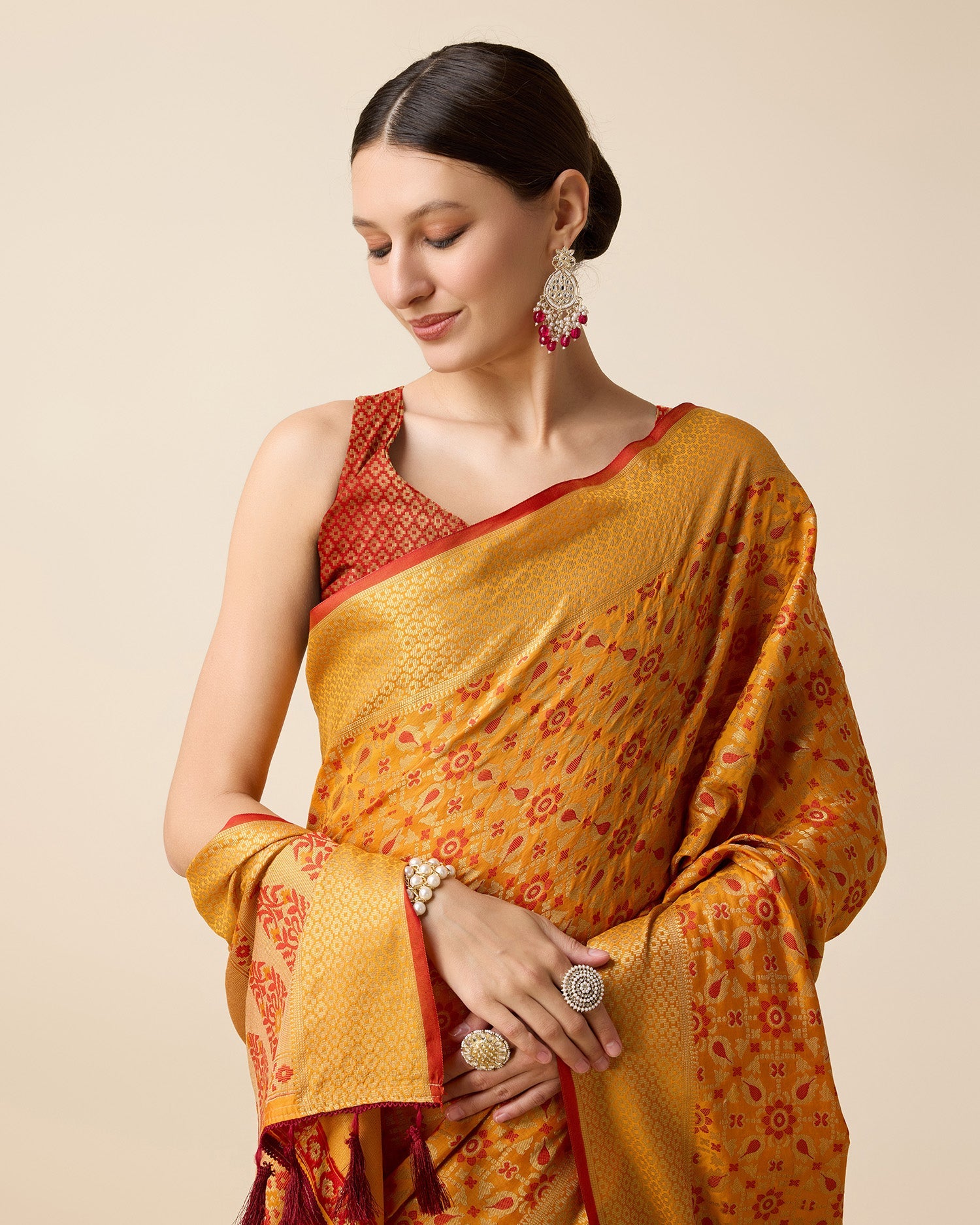 Vedant Vastram Soft Litchi Silk Kanjeevaram Silk Saree - Mustard