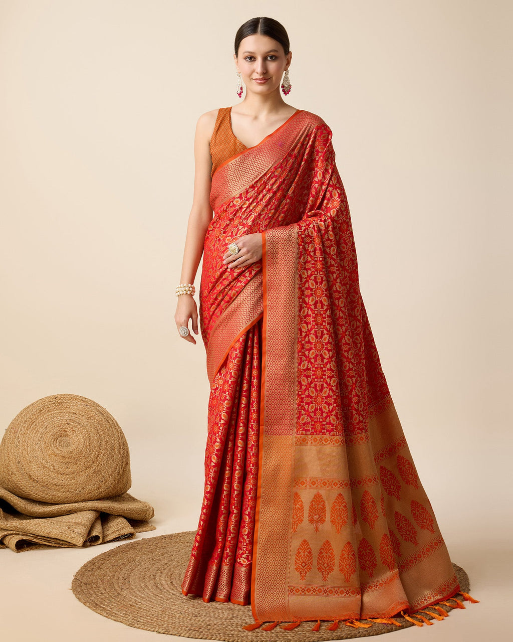 Vedant Vastram Soft Litchi Silk Kanjeevaram Silk Saree - Orange