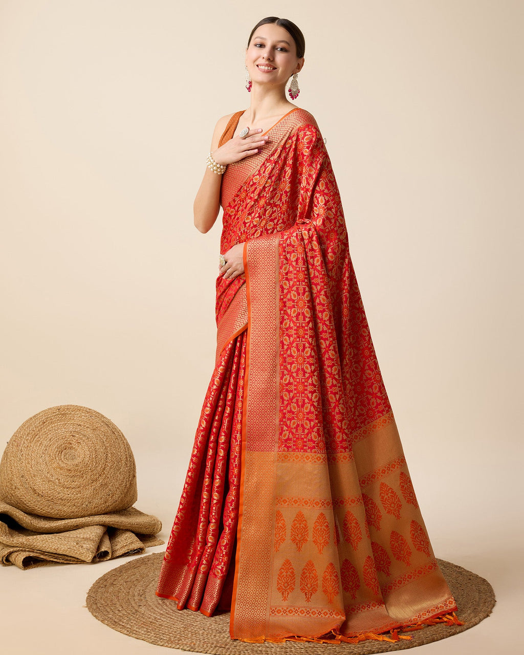 Vedant Vastram Soft Litchi Silk Kanjeevaram Silk Saree - Orange