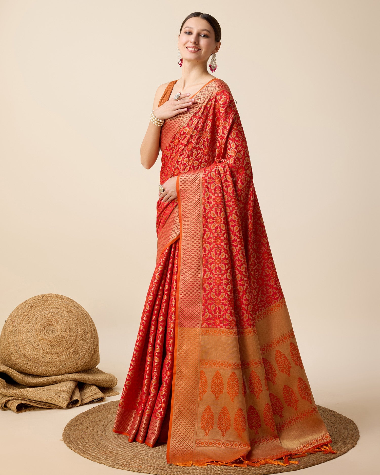 Vedant Vastram Soft Litchi Silk Kanjeevaram Silk Saree - Orange