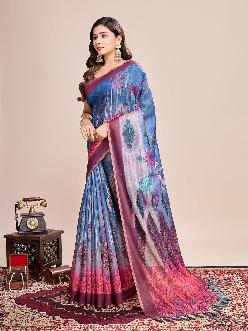 Vedant Vastram Linen Printed Bollywood Saree - Blue