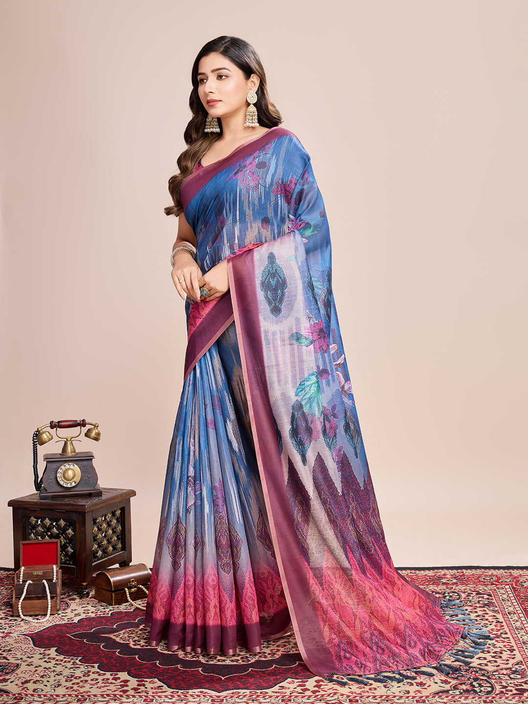 Vedant Vastram Linen Printed Bollywood Saree - Blue