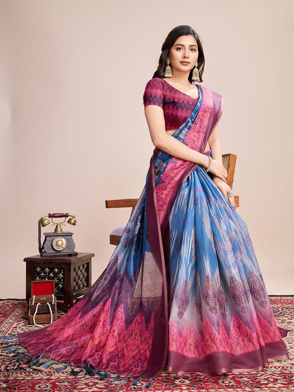 Vedant Vastram Linen Printed Bollywood Saree - Blue