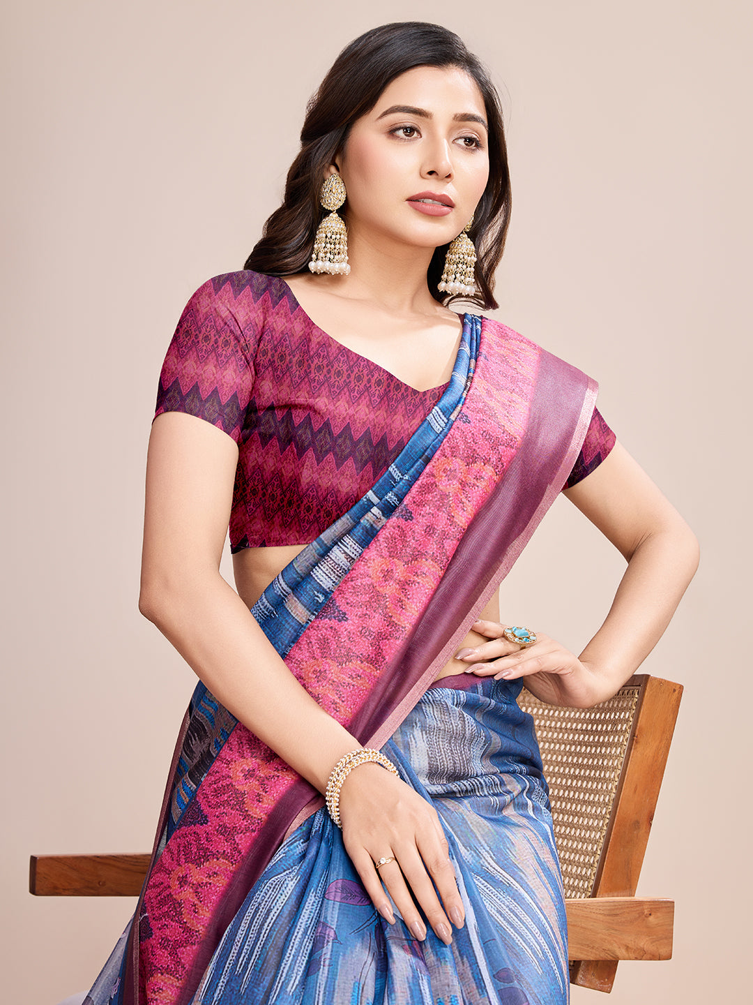 Vedant Vastram Linen Printed Bollywood Saree - Blue