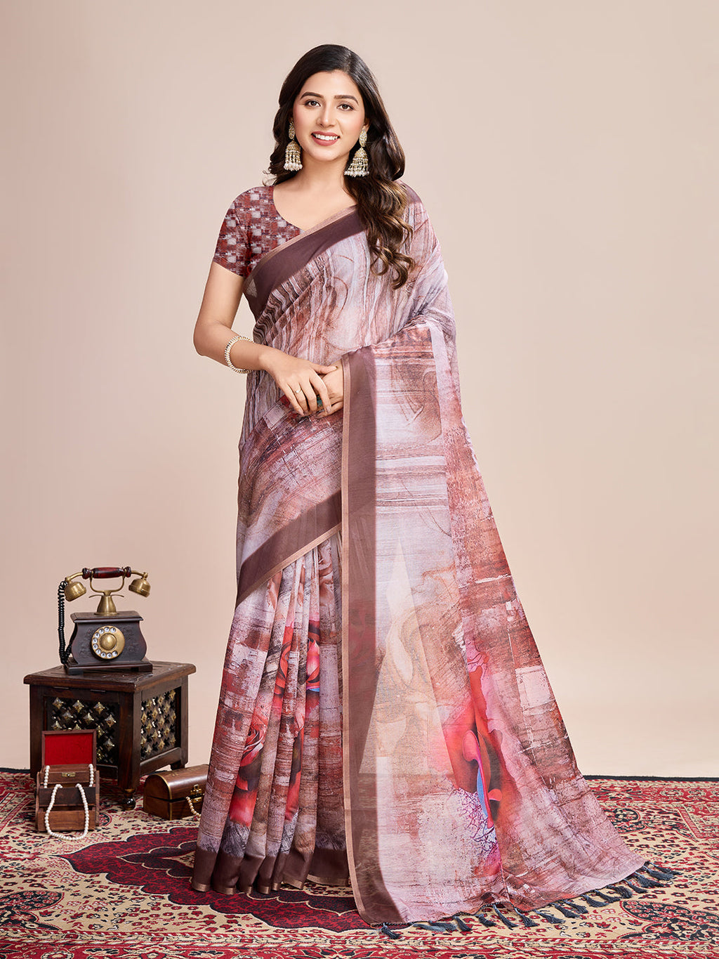 Vedant Vastram Linen Printed Bollywood Saree - Brown
