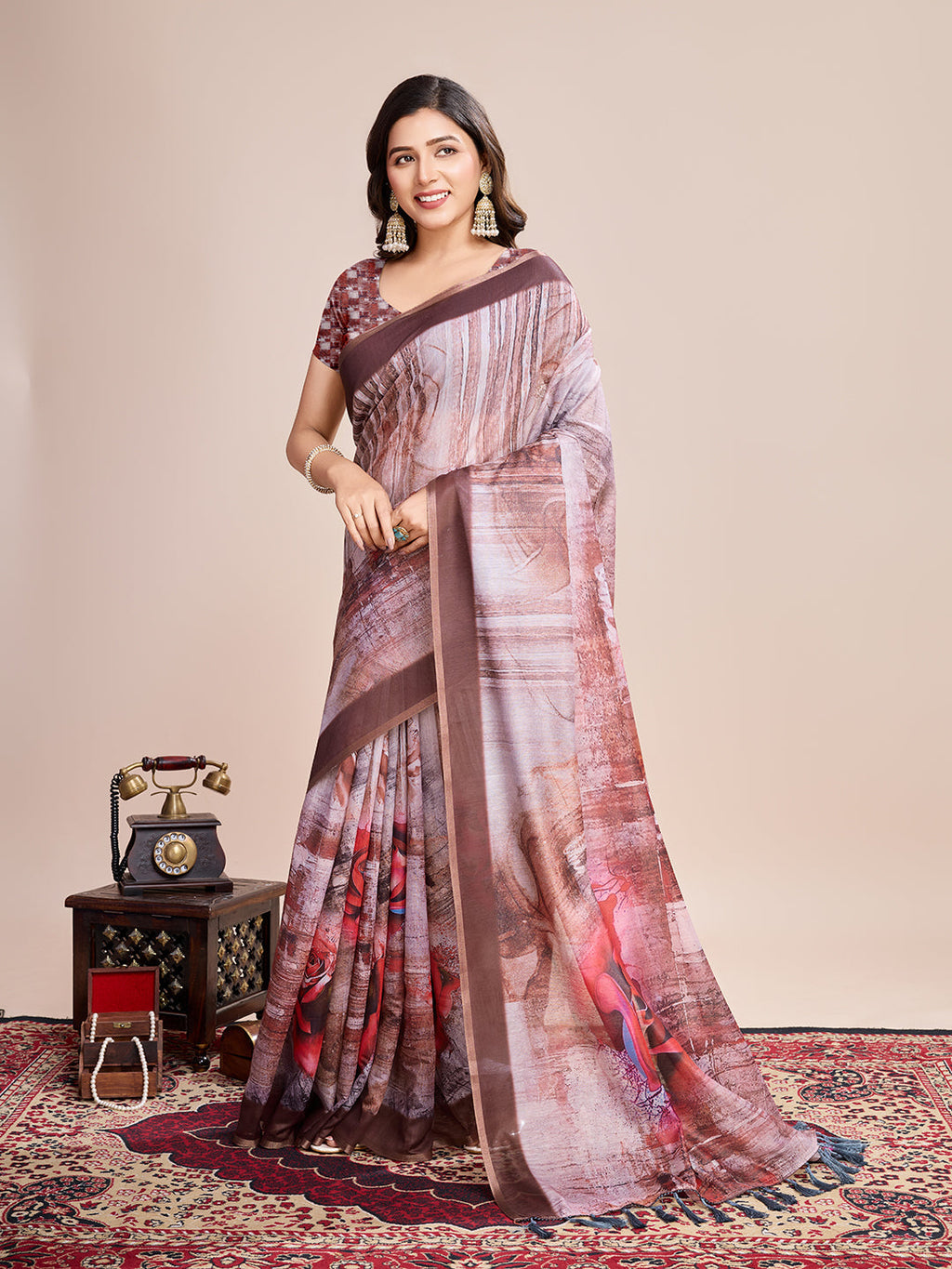 Vedant Vastram Linen Printed Bollywood Saree - Brown