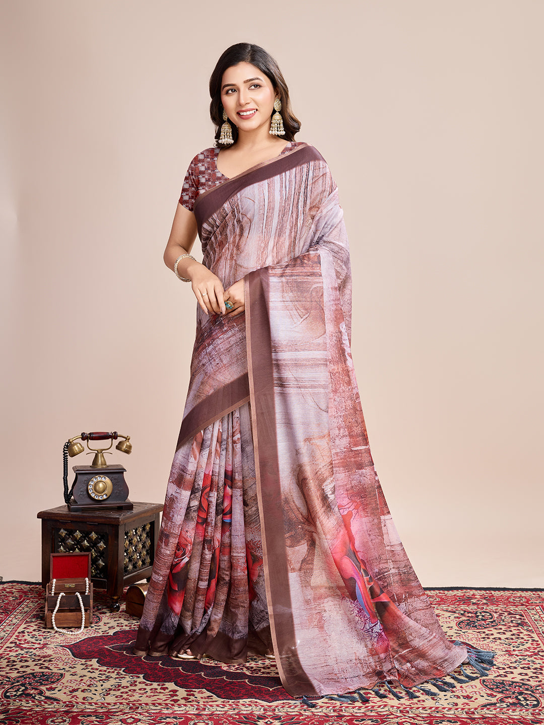 Vedant Vastram Linen Printed Bollywood Saree - Brown