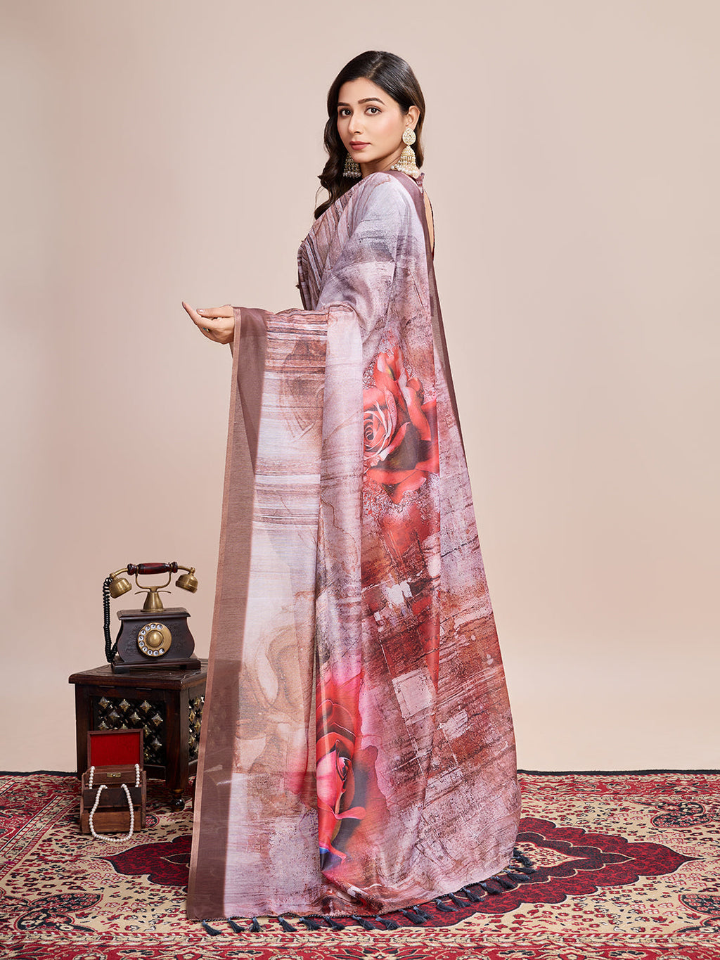 Vedant Vastram Linen Printed Bollywood Saree - Brown