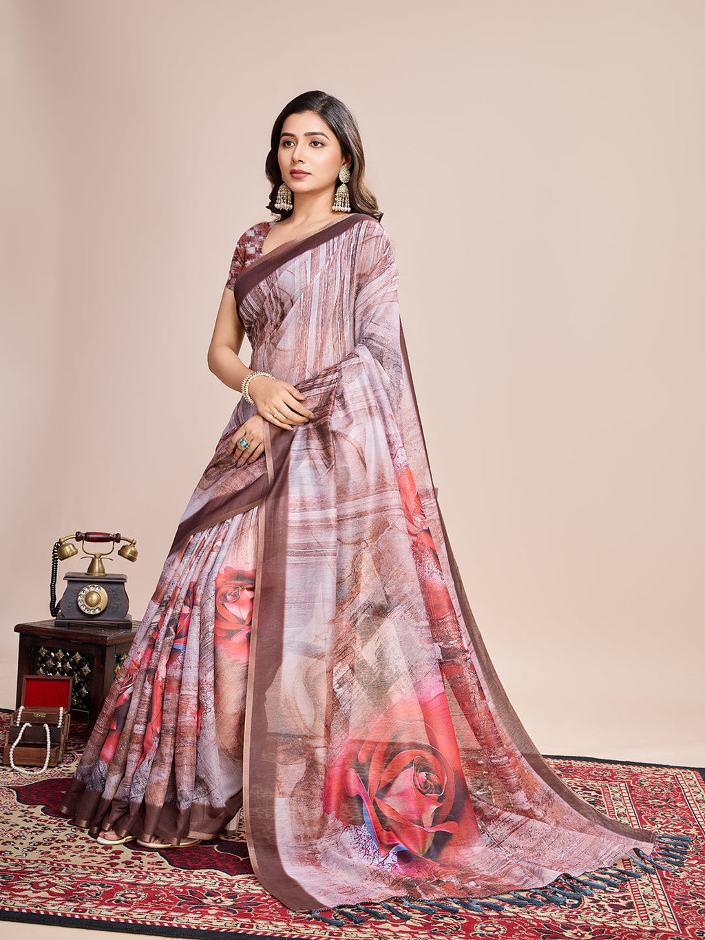 Vedant Vastram Linen Printed Bollywood Saree - Brown