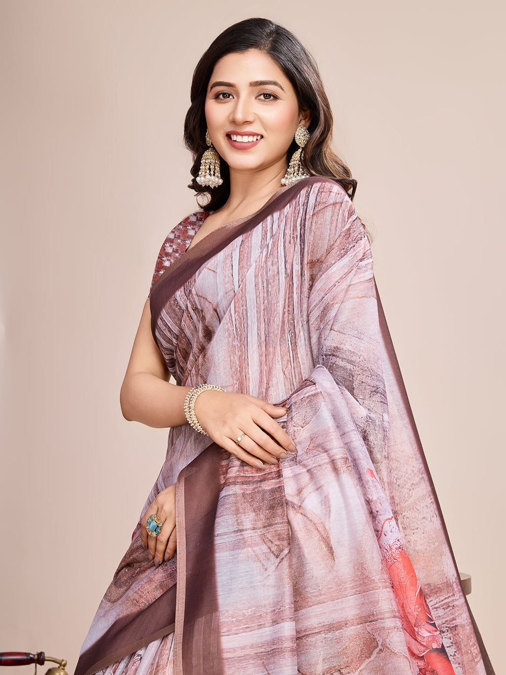 Vedant Vastram Linen Printed Bollywood Saree - Brown