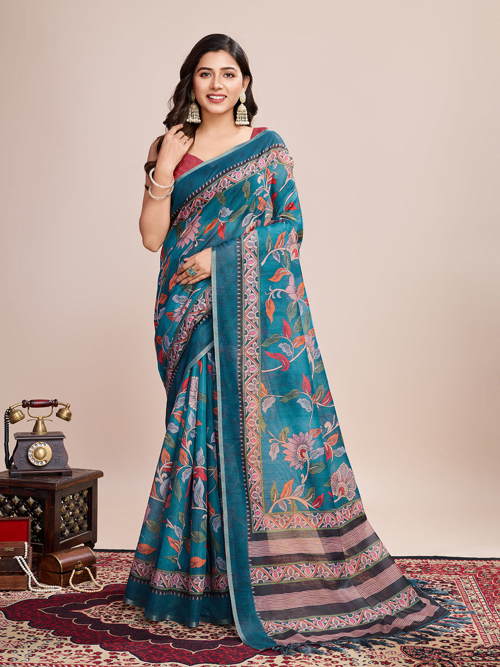 Vedant Vastram Linen Printed Bollywood Saree - Firozi