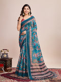 Vedant Vastram Linen Printed Bollywood Saree - Firozi