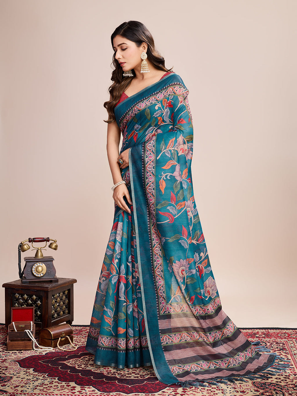 Vedant Vastram Linen Printed Bollywood Saree - Firozi