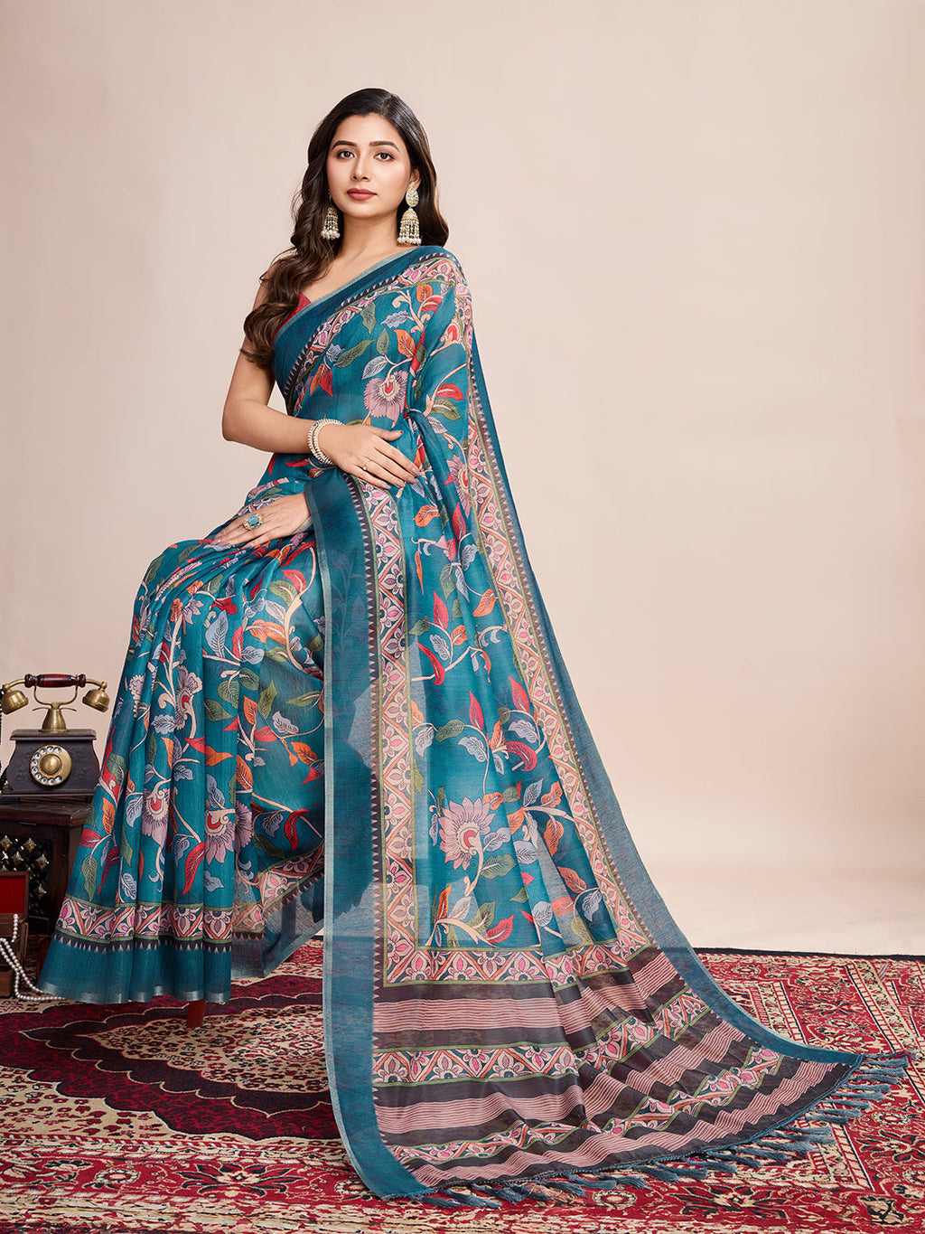 Vedant Vastram Linen Printed Bollywood Saree - Firozi