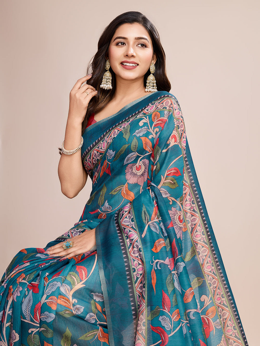 Vedant Vastram Linen Printed Bollywood Saree - Firozi