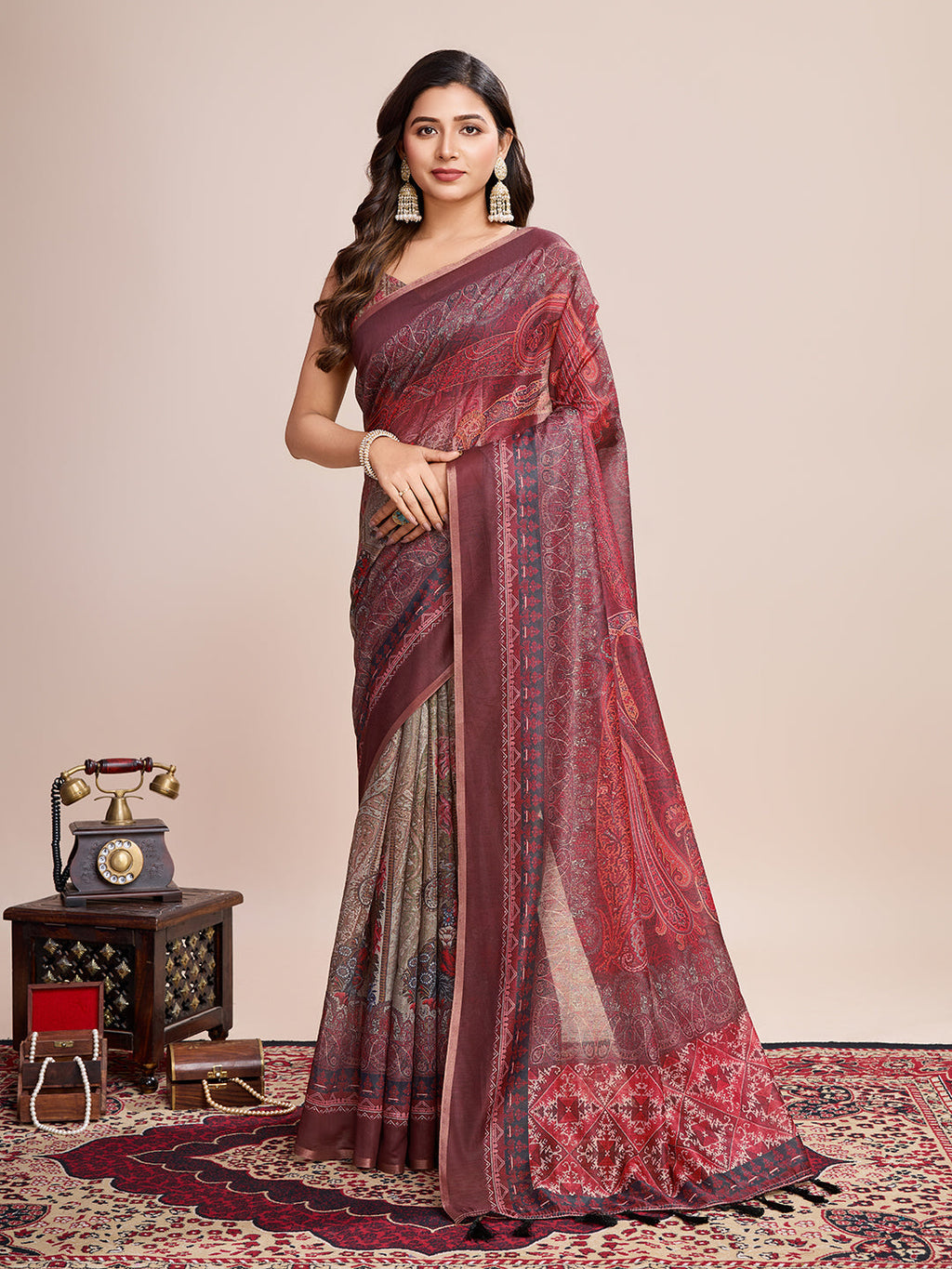 Vedant Vastram Linen Printed Bollywood Saree - Maroon
