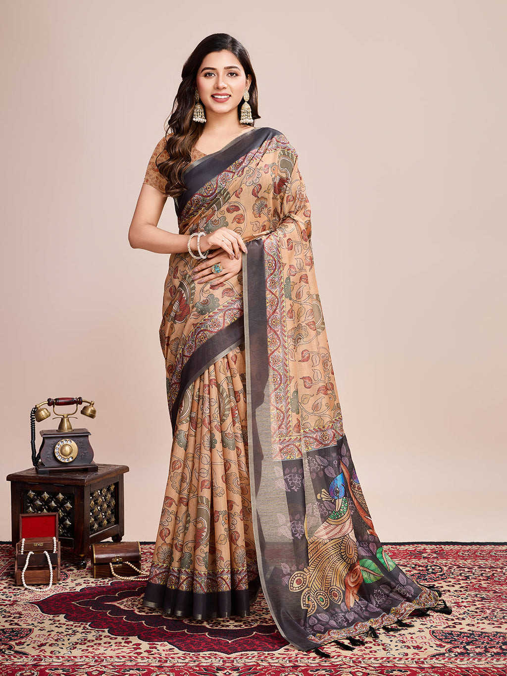 Vedant Vastram Linen Printed Bollywood Saree - Mustard