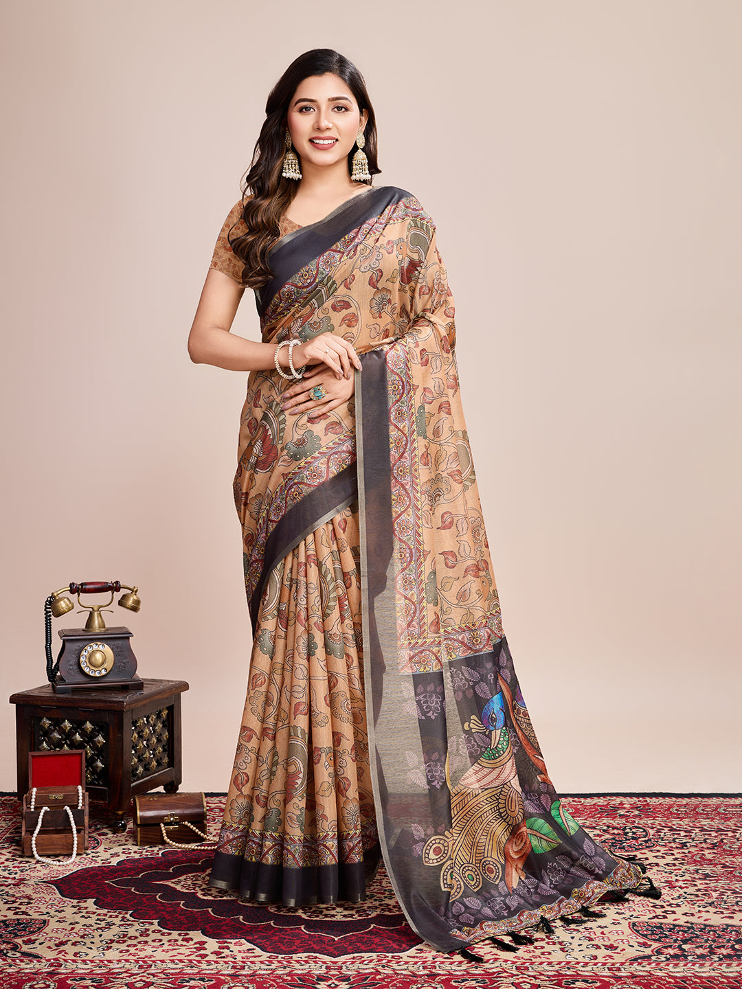 Vedant Vastram Linen Printed Bollywood Saree - Mustard