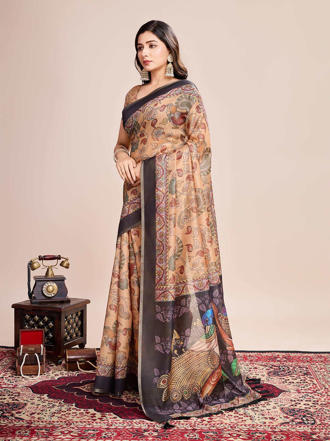 Vedant Vastram Linen Printed Bollywood Saree - Mustard