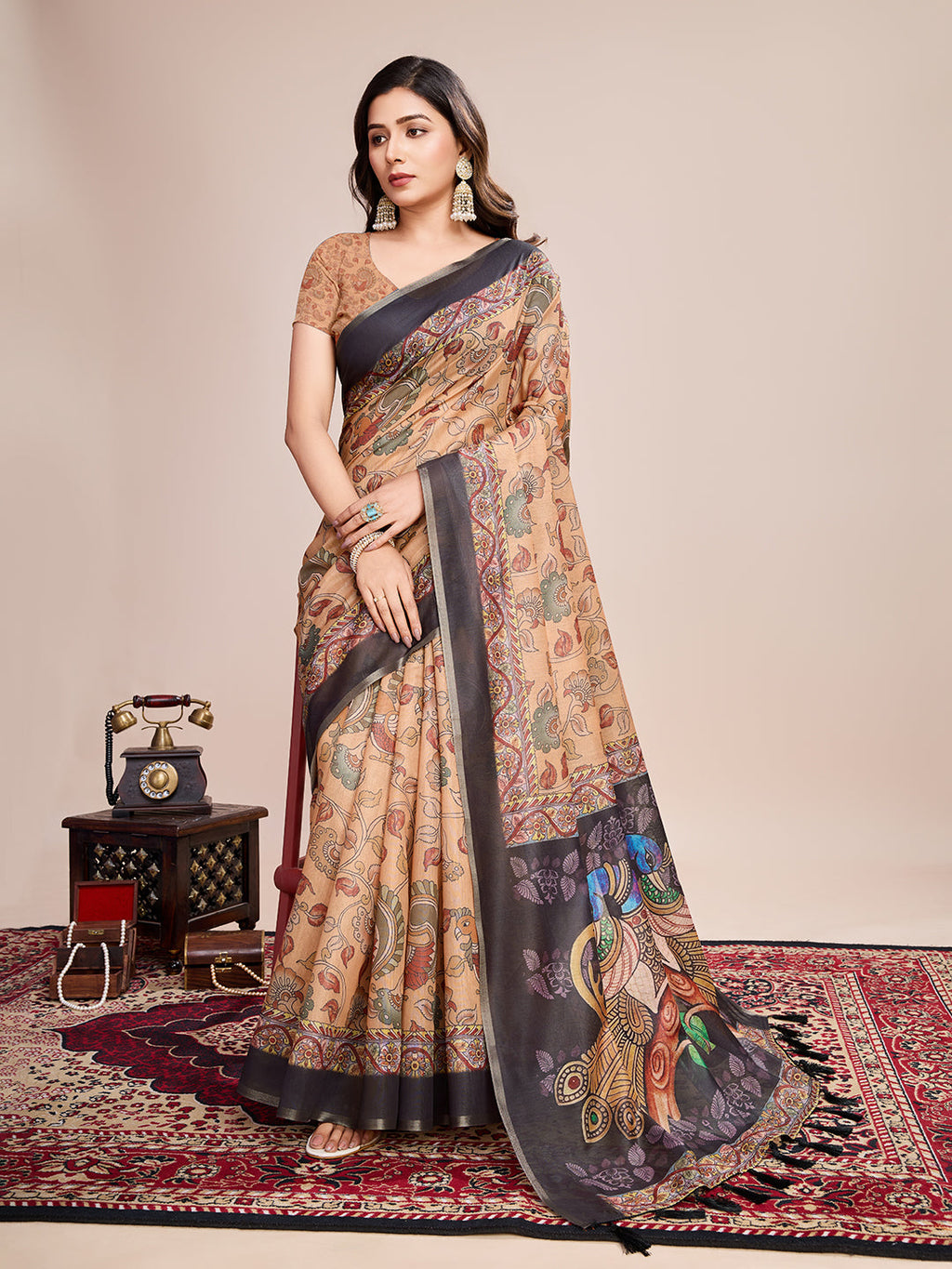 Vedant Vastram Linen Printed Bollywood Saree - Mustard