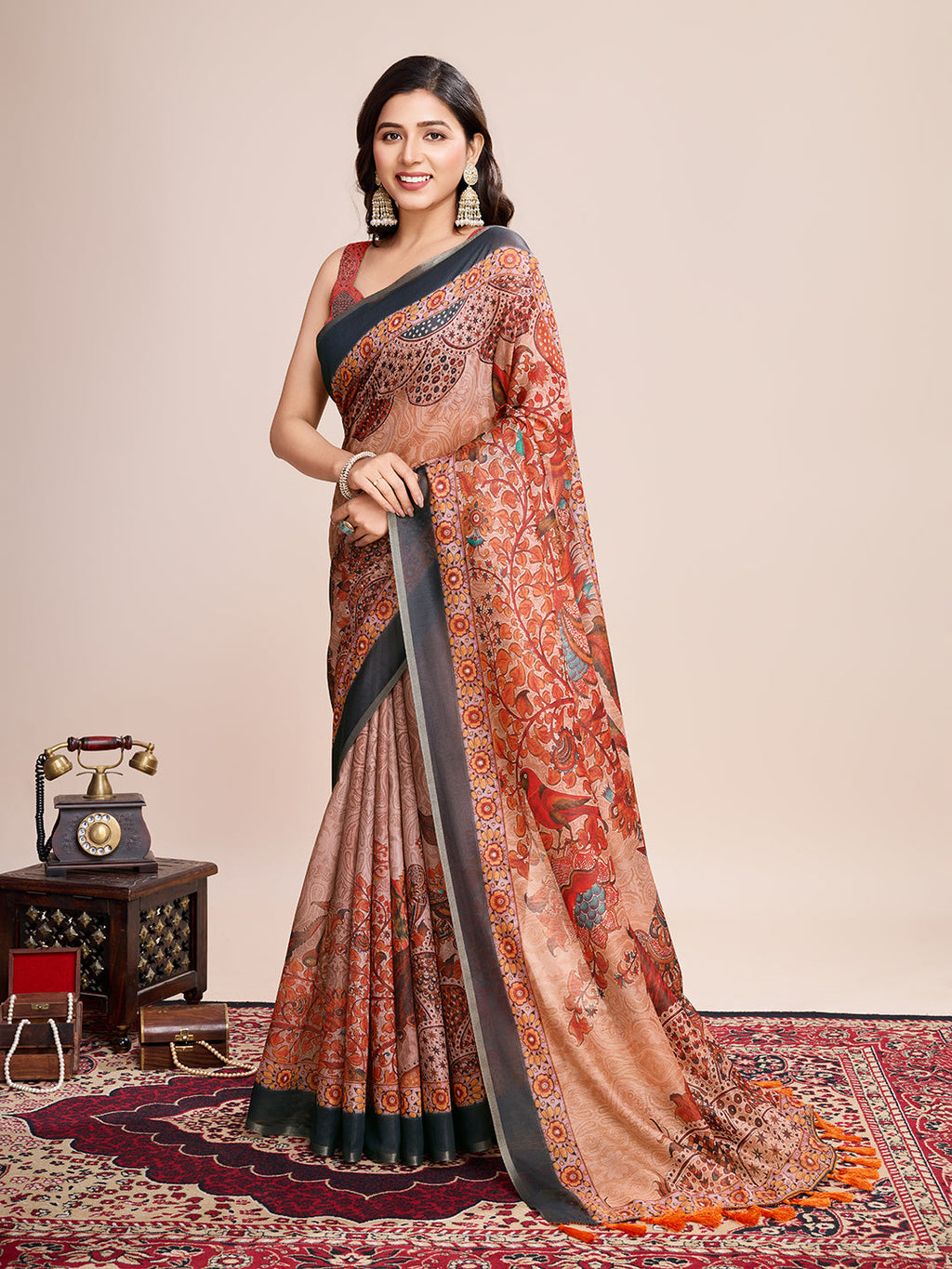 Vedant Vastram Linen Printed Bollywood Saree - Orange