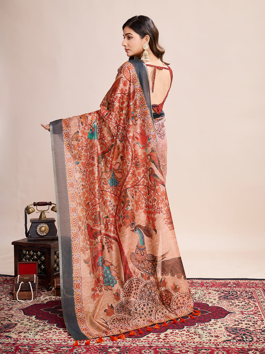 Vedant Vastram Linen Printed Bollywood Saree - Orange