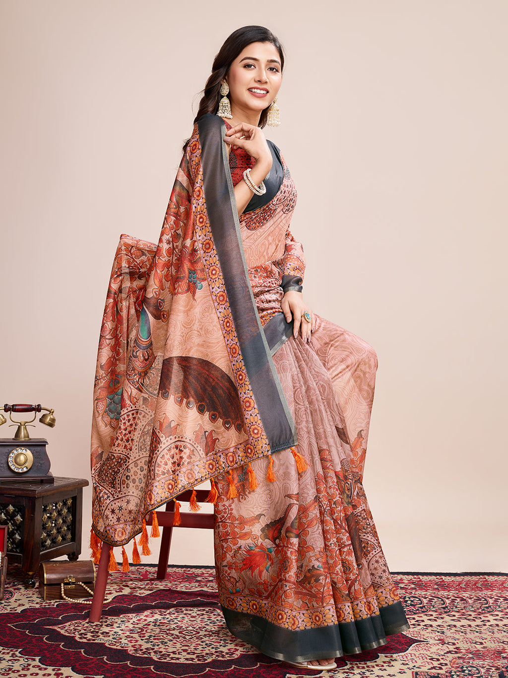 Vedant Vastram Linen Printed Bollywood Saree - Orange
