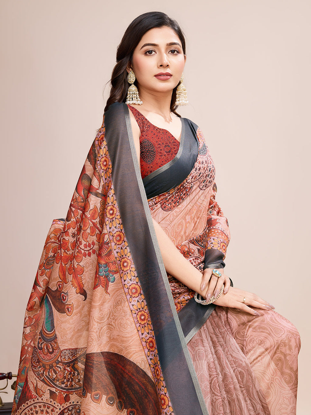 Vedant Vastram Linen Printed Bollywood Saree - Orange