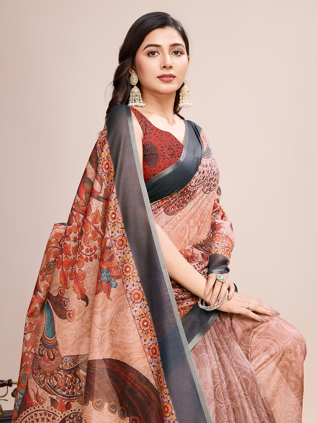 Vedant Vastram Linen Printed Bollywood Saree - Orange