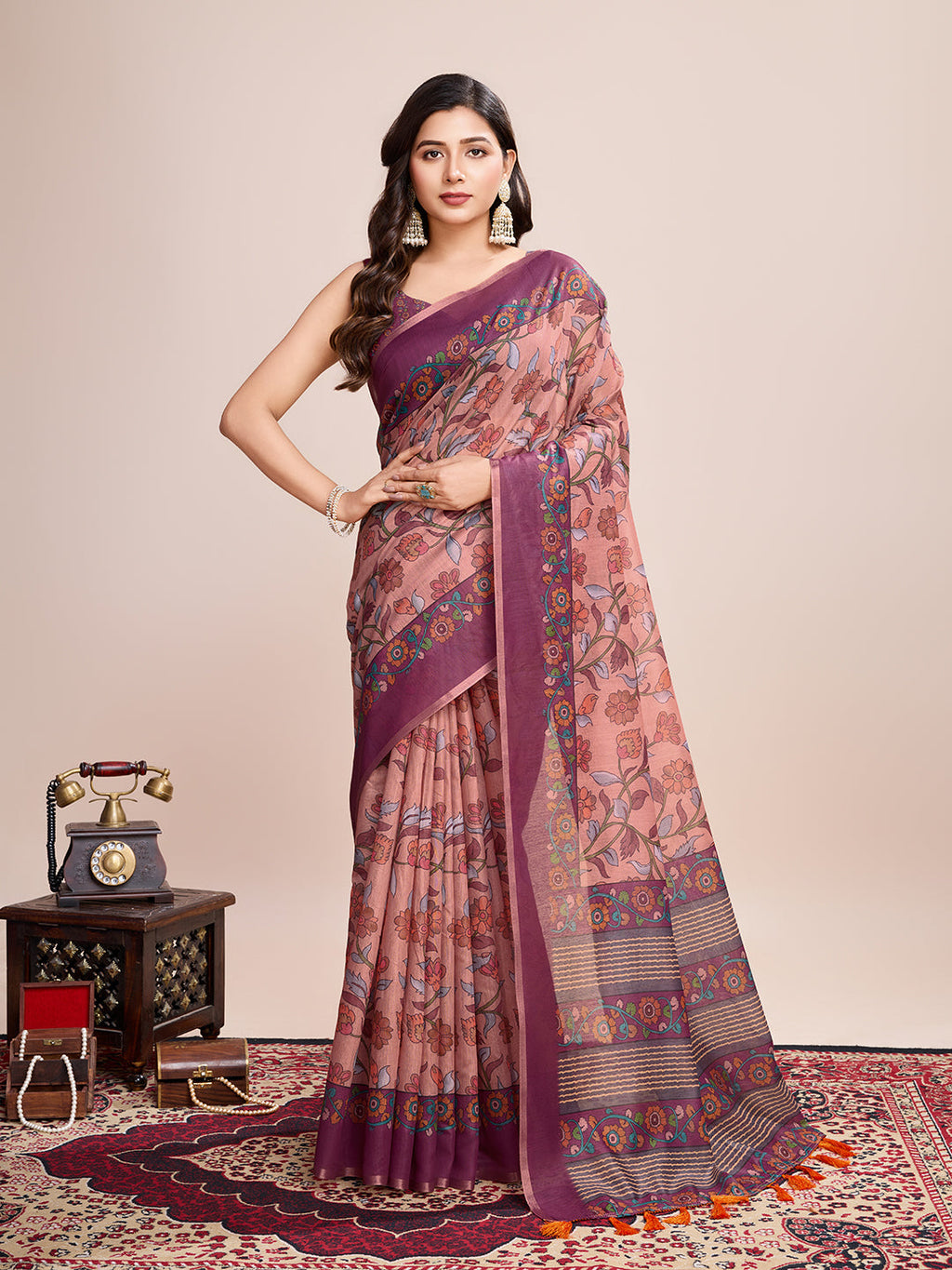 Vedant Vastram Linen Printed Bollywood Saree - Purple