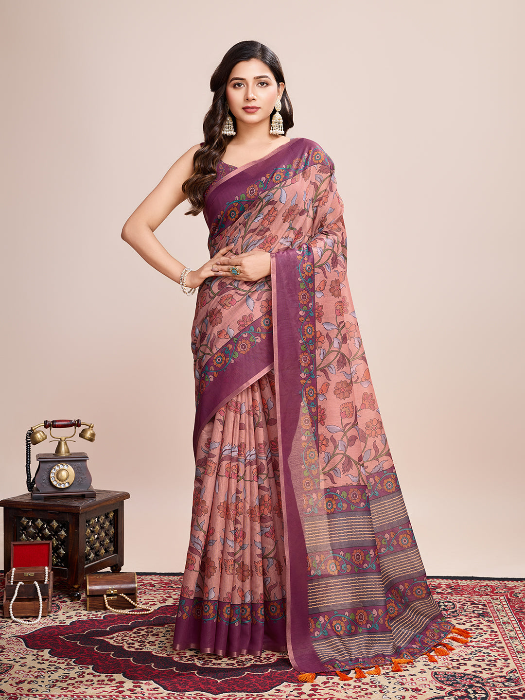 Vedant Vastram Linen Printed Bollywood Saree - Purple