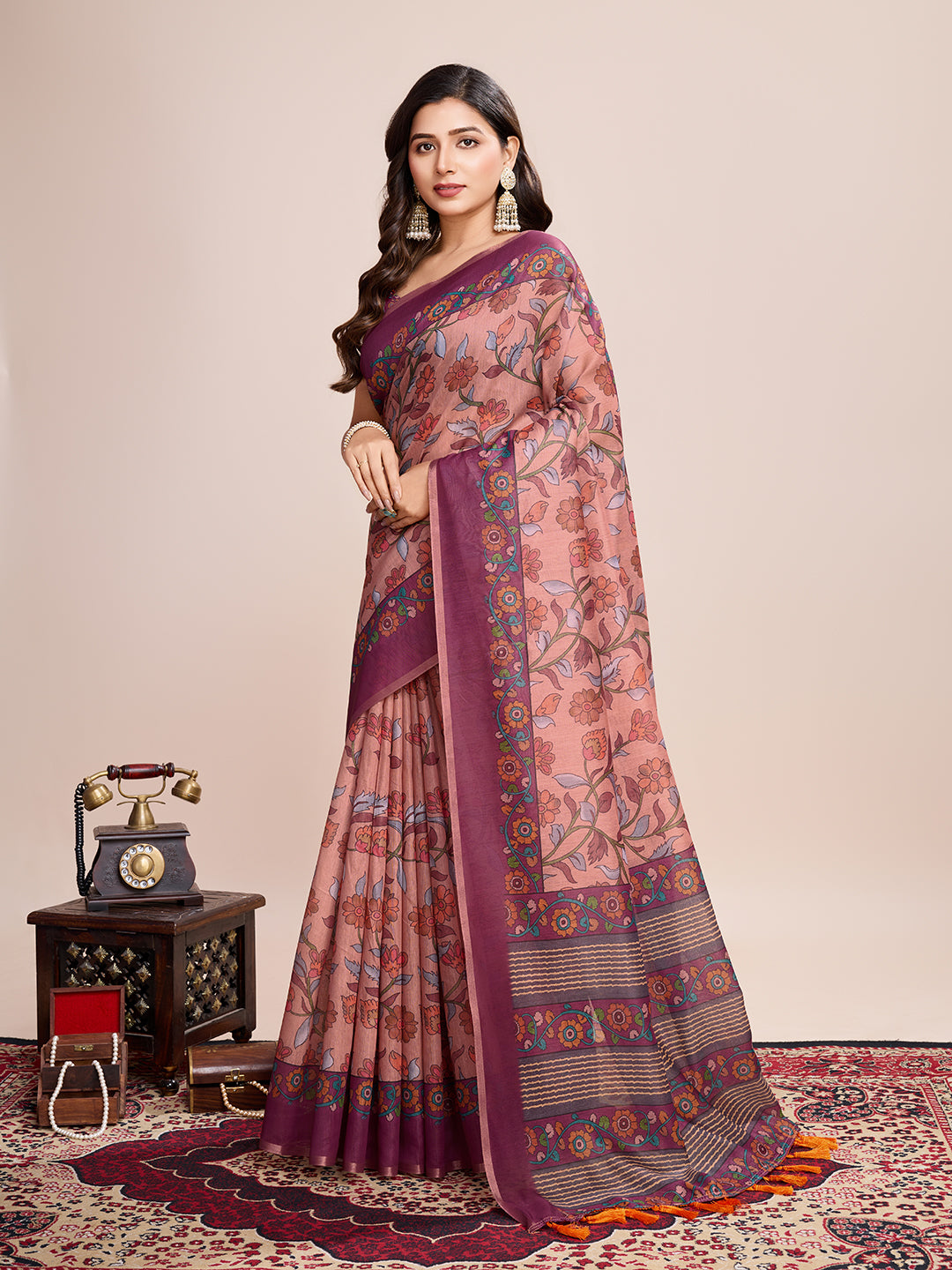 Vedant Vastram Linen Printed Bollywood Saree - Purple