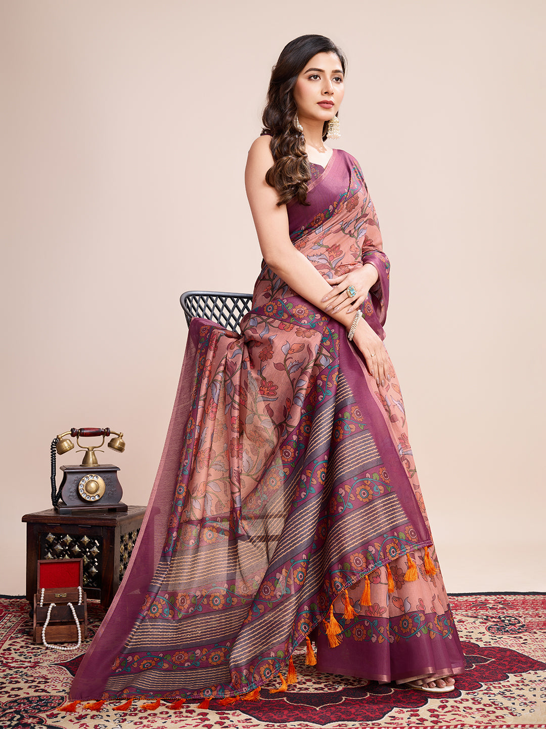 Vedant Vastram Linen Printed Bollywood Saree - Purple