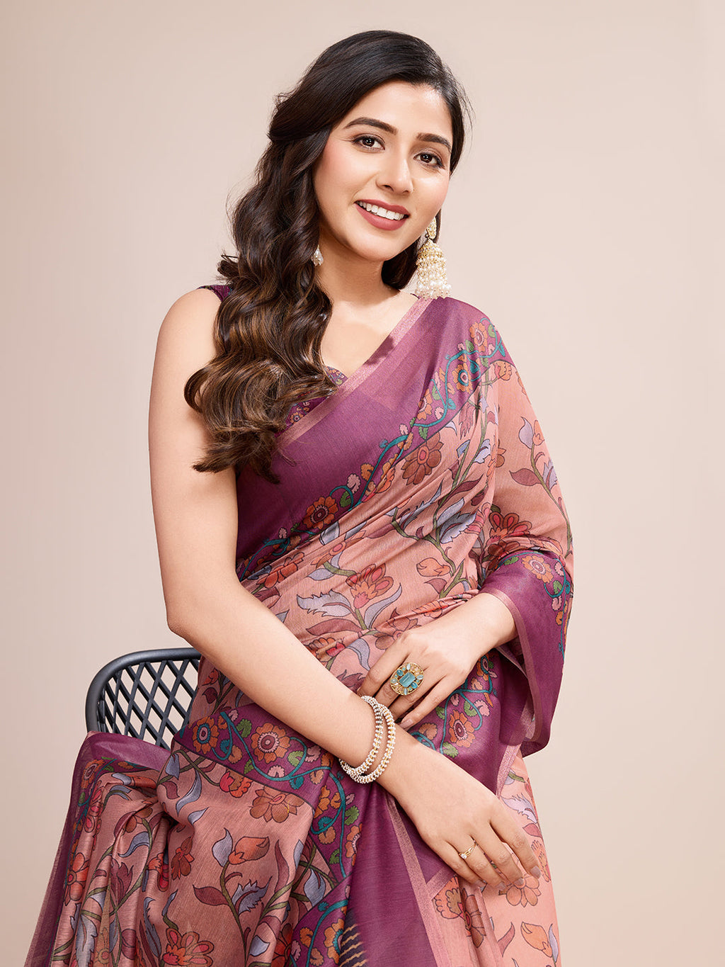 Vedant Vastram Linen Printed Bollywood Saree - Purple