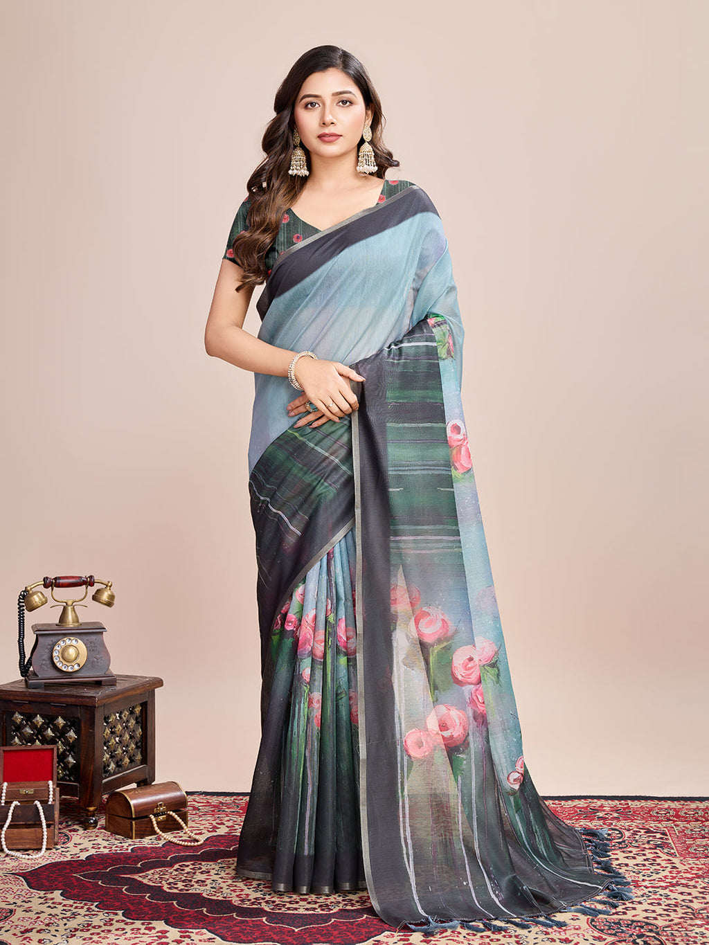 Vedant Vastram Linen Printed Bollywood Saree - Rama