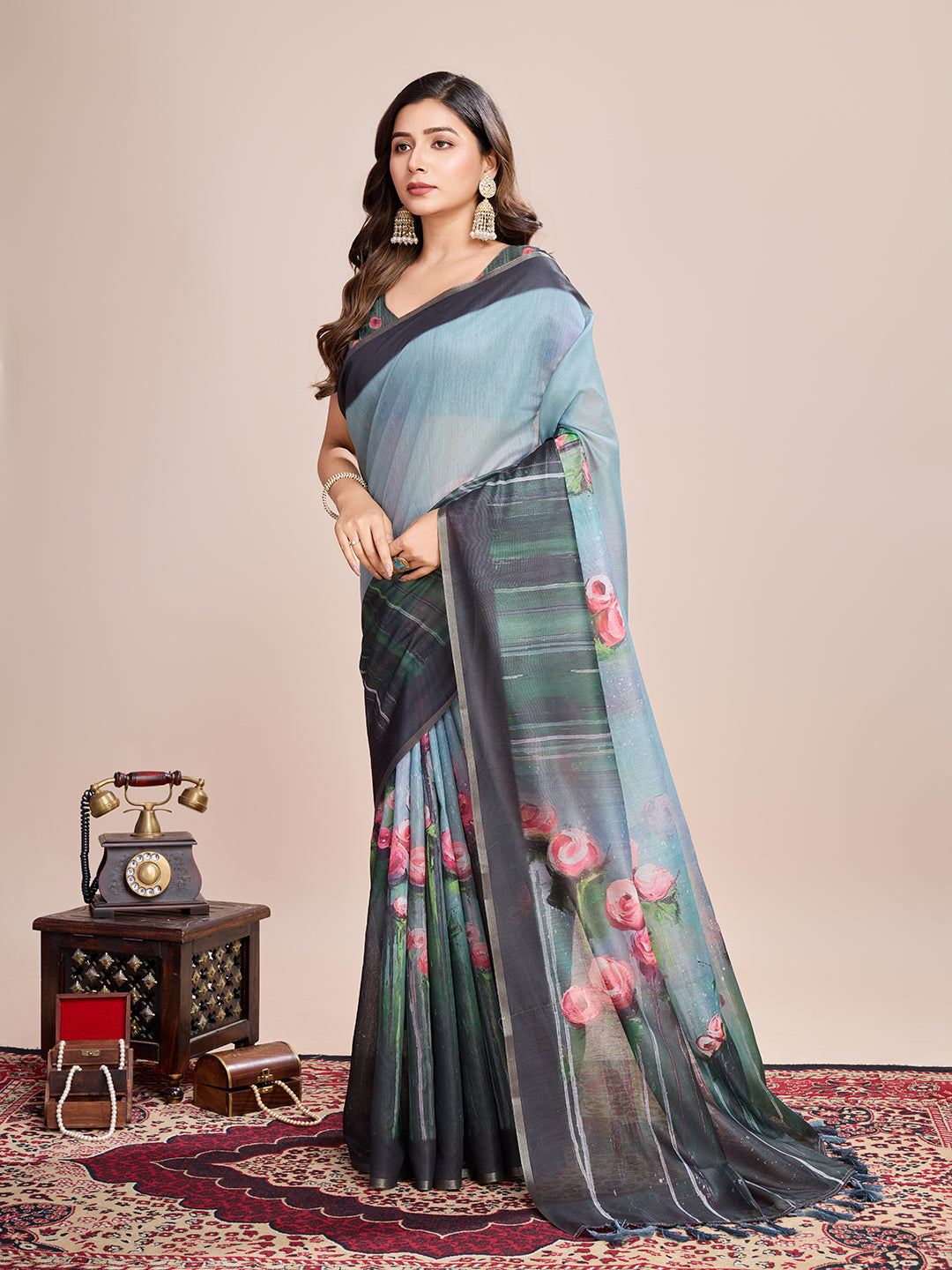 Vedant Vastram Linen Printed Bollywood Saree - Rama