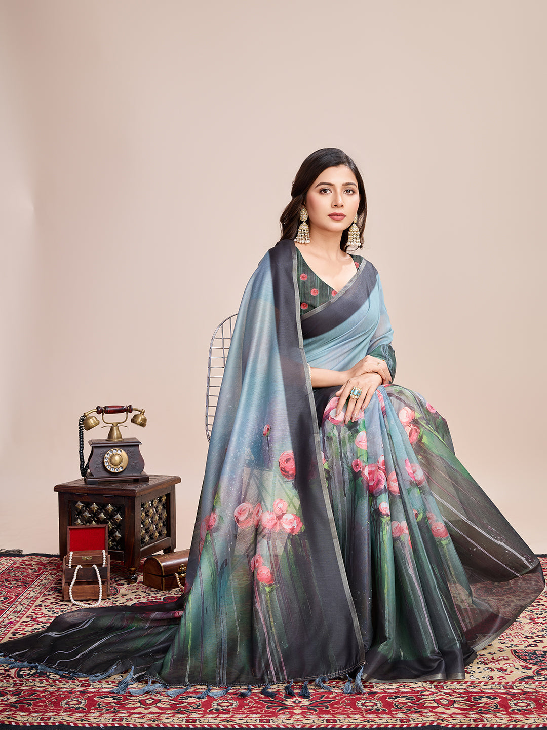 Vedant Vastram Linen Printed Bollywood Saree - Rama