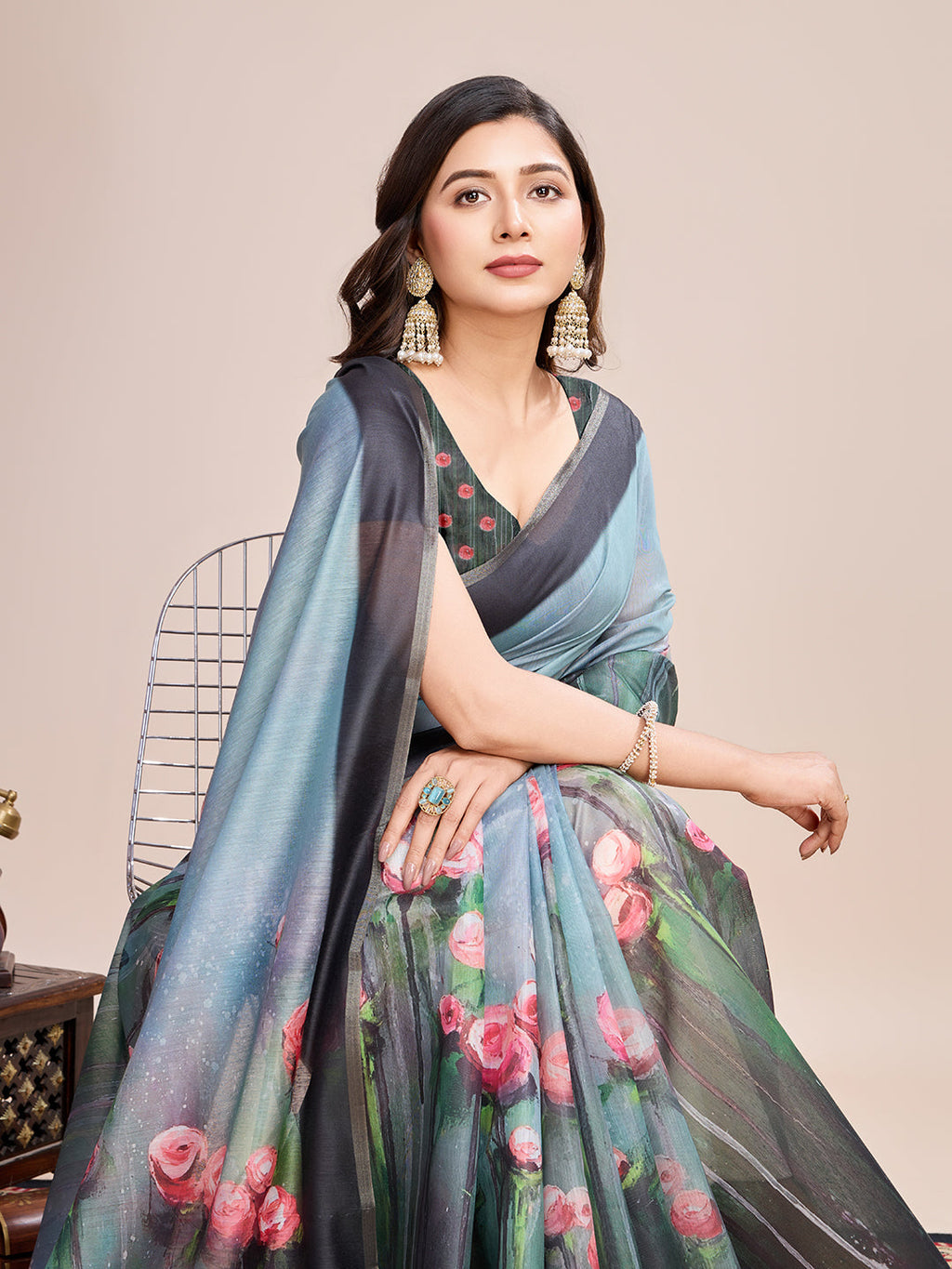 Vedant Vastram Linen Printed Bollywood Saree - Rama