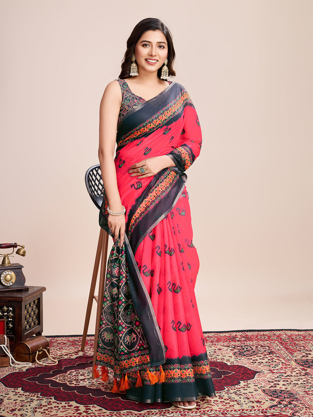 Vedant Vastram Linen Printed Bollywood Saree - Rani