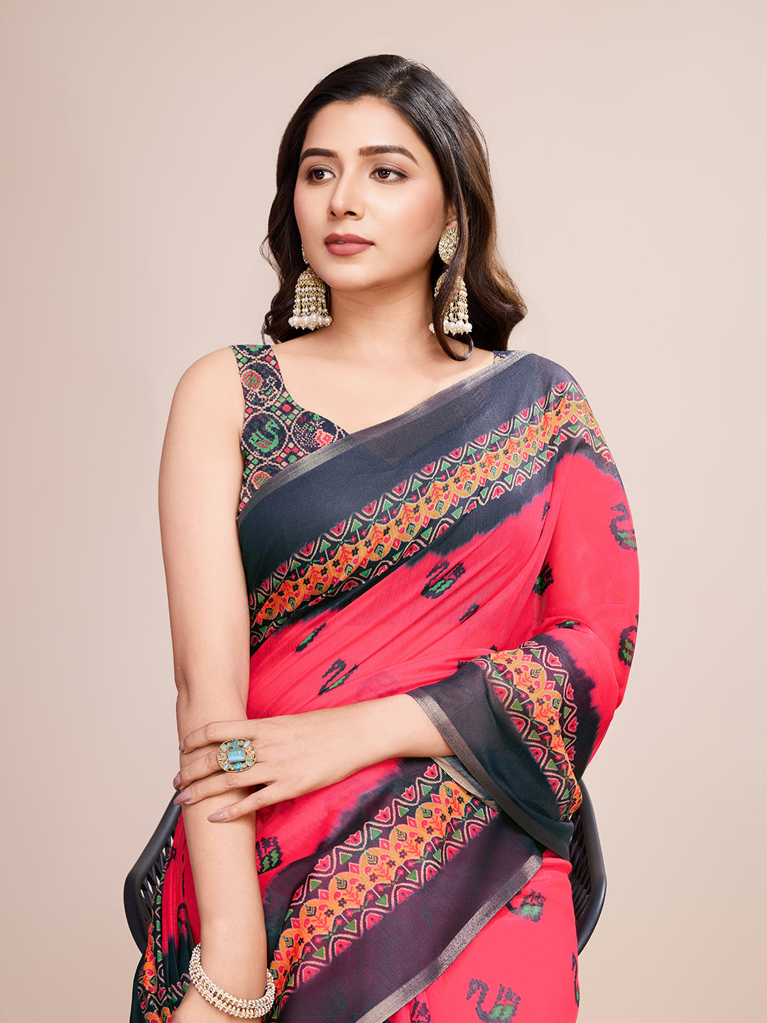Vedant Vastram Linen Printed Bollywood Saree - Rani