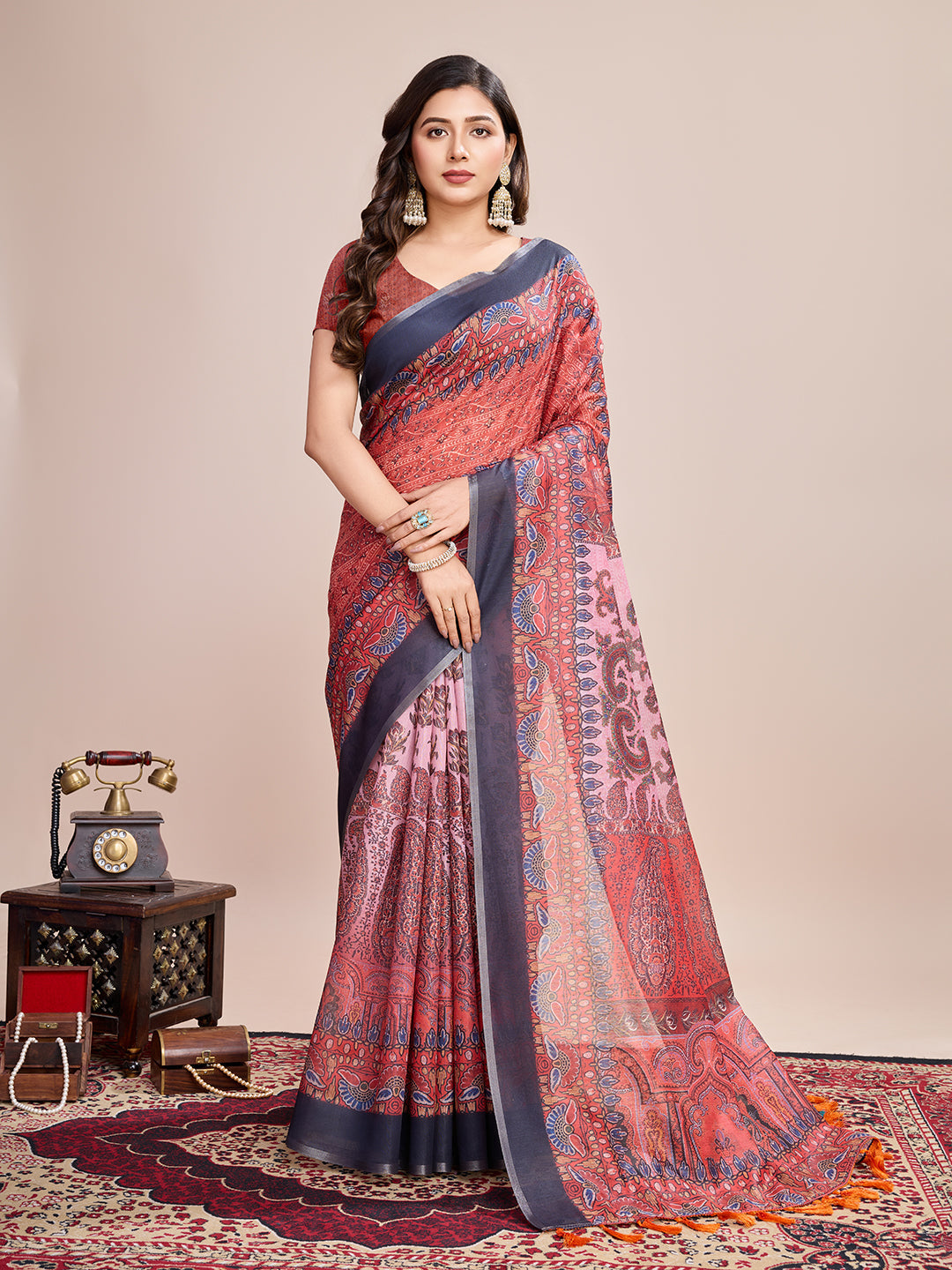 Vedant Vastram Linen Printed Bollywood Saree - Red