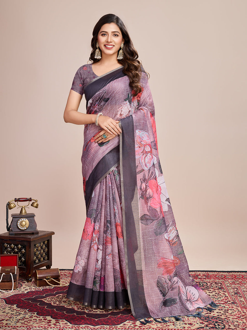 Vedant Vastram Linen Printed Bollywood Saree - Wine