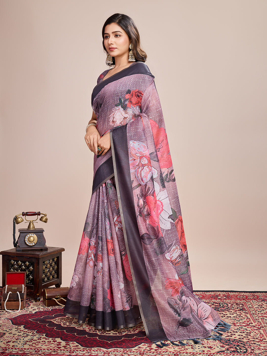 Vedant Vastram Linen Printed Bollywood Saree - Wine