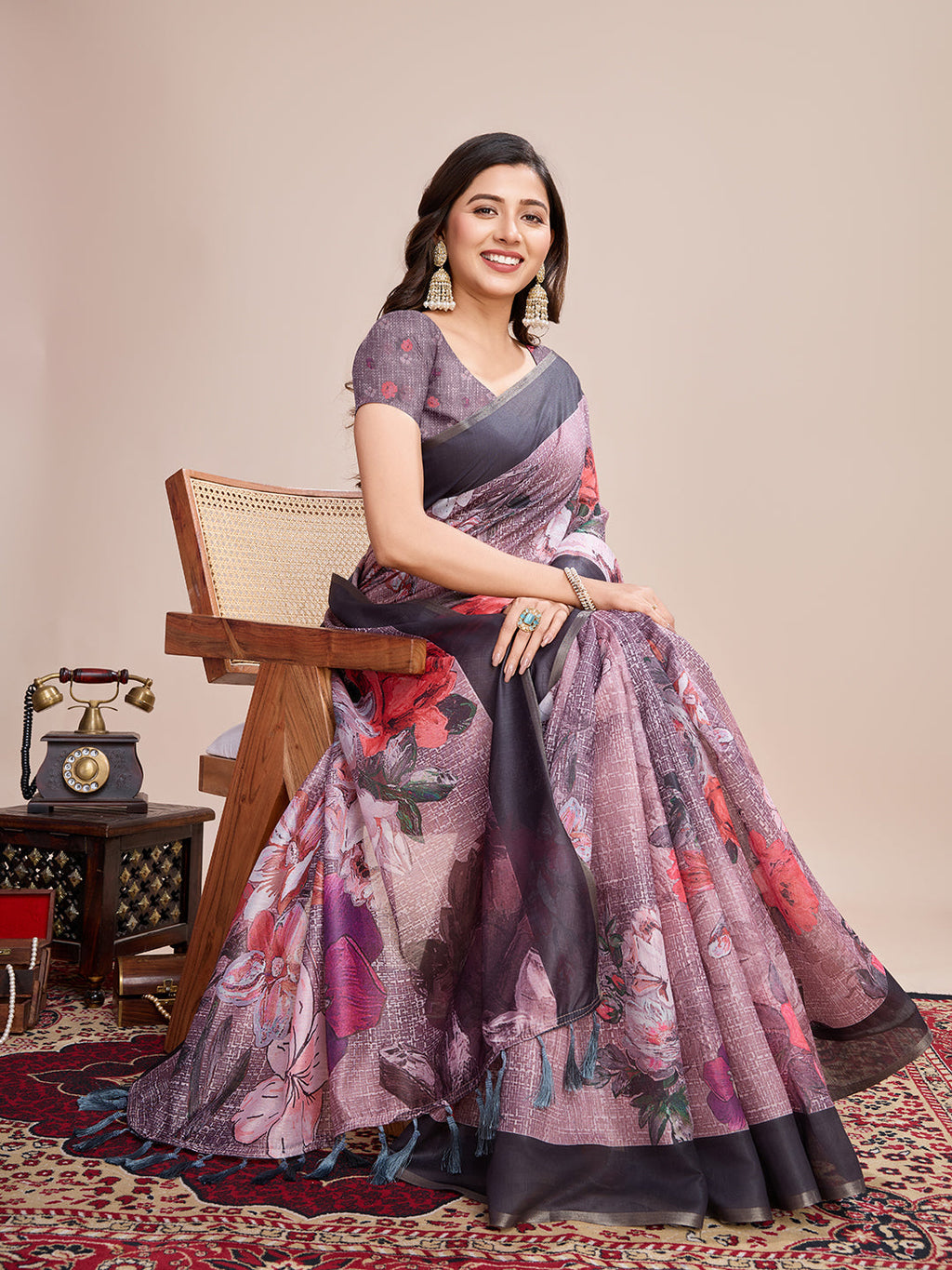 Vedant Vastram Linen Printed Bollywood Saree - Wine