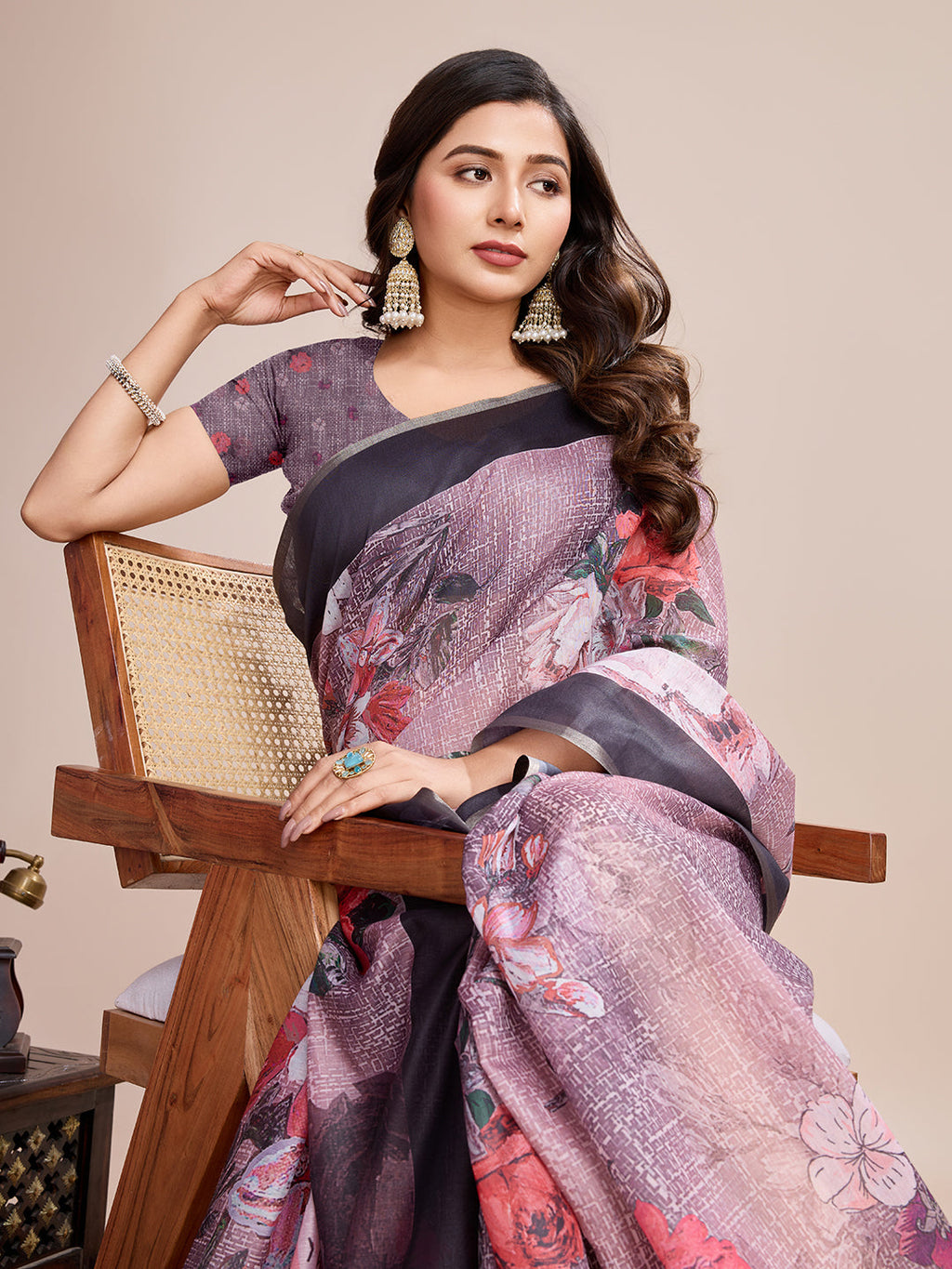 Vedant Vastram Linen Printed Bollywood Saree - Wine