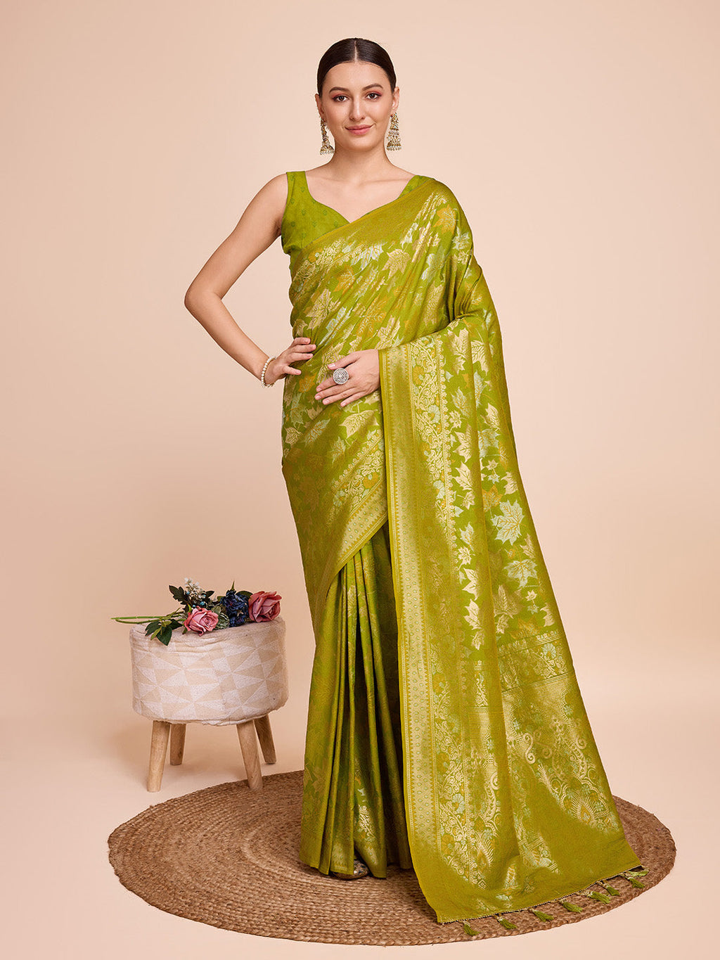 Vedant Vastram Soft Litchi Silk Banarasi Silk Saree - Olive