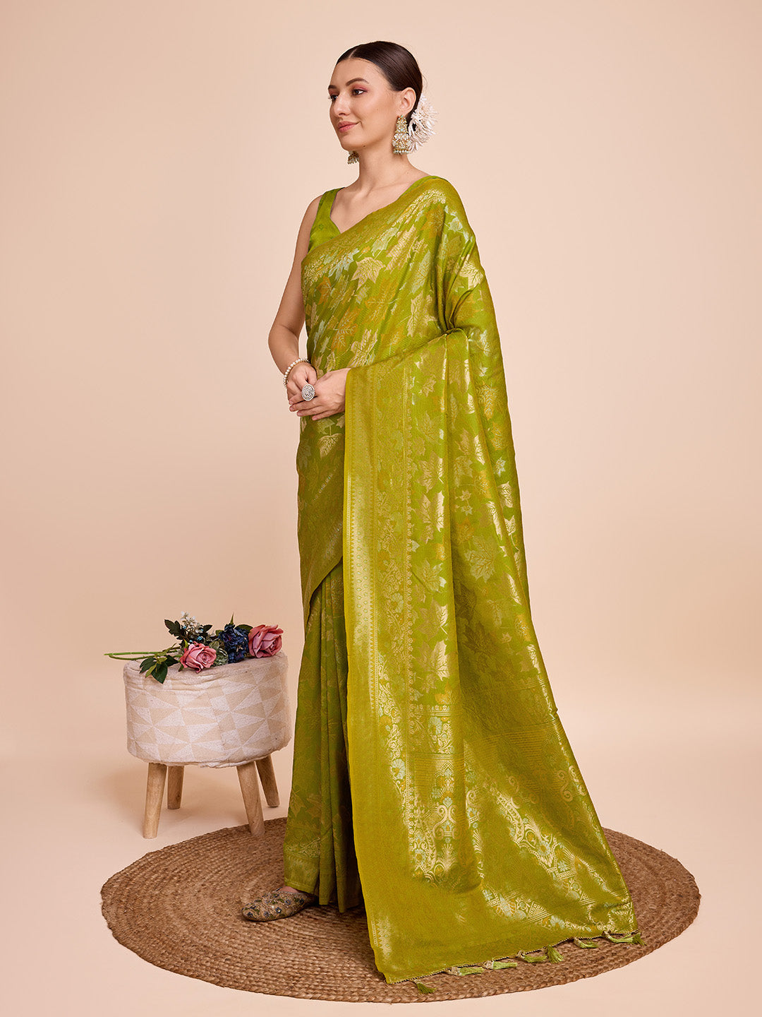 Vedant Vastram Soft Litchi Silk Banarasi Silk Saree - Olive