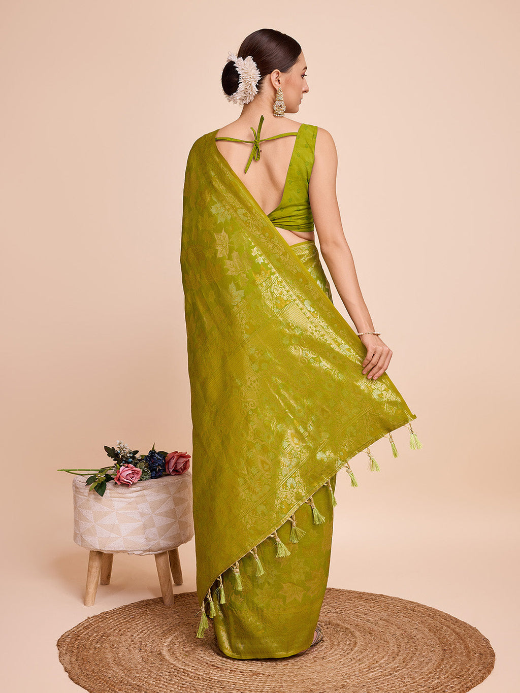 Vedant Vastram Soft Litchi Silk Banarasi Silk Saree - Olive
