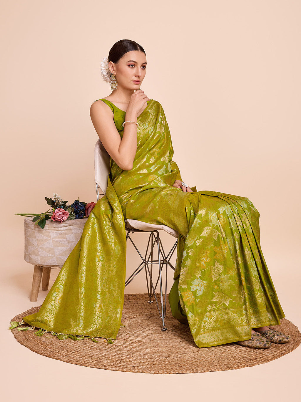 Vedant Vastram Soft Litchi Silk Banarasi Silk Saree - Olive